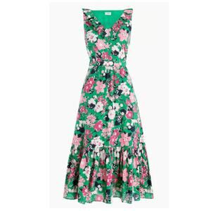 J. Crew Green Floral Midi Dress with Pink & White Blooms